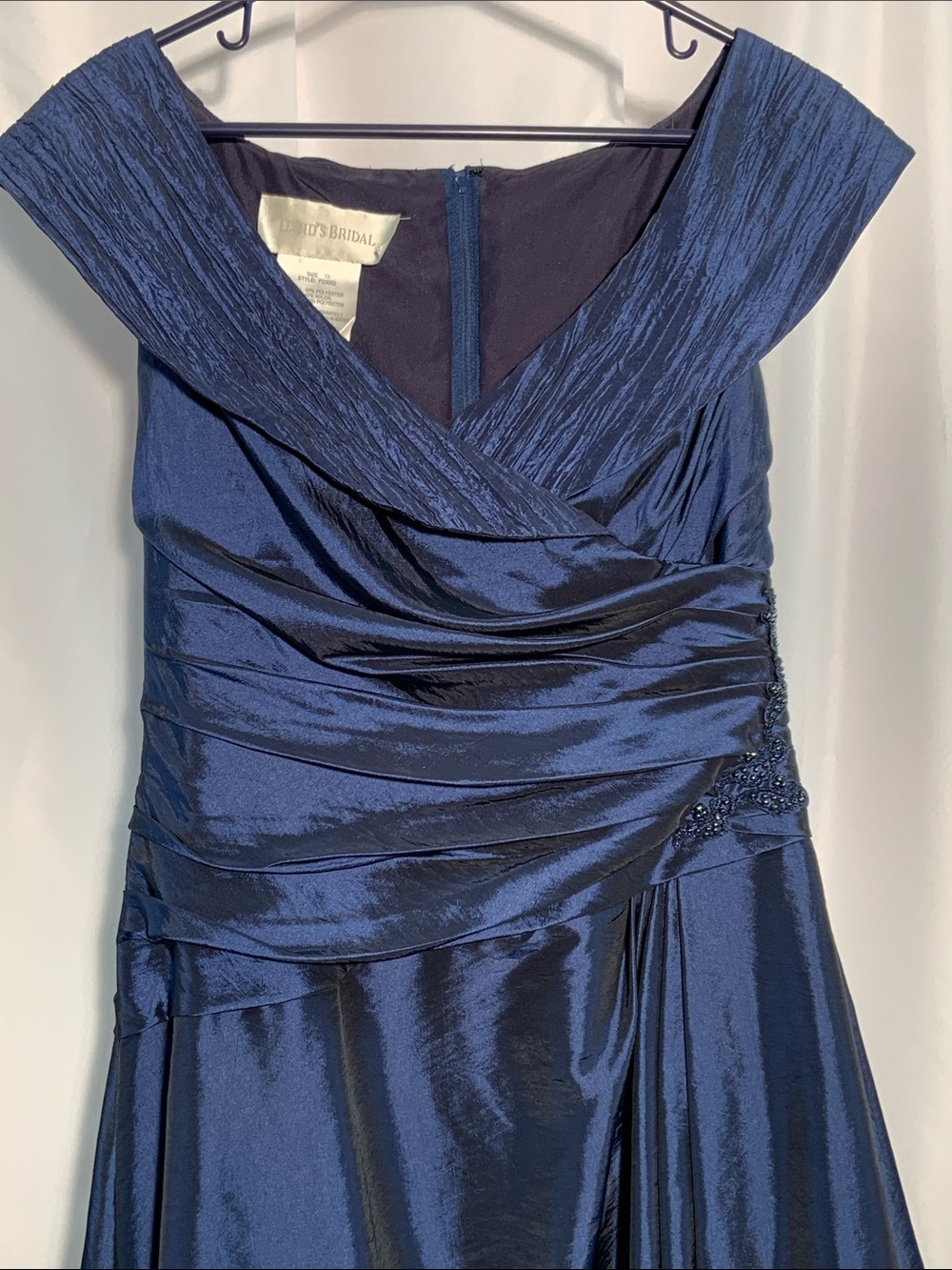 David's Bridal Midnight Blue Satin V-Neck Prom Gown